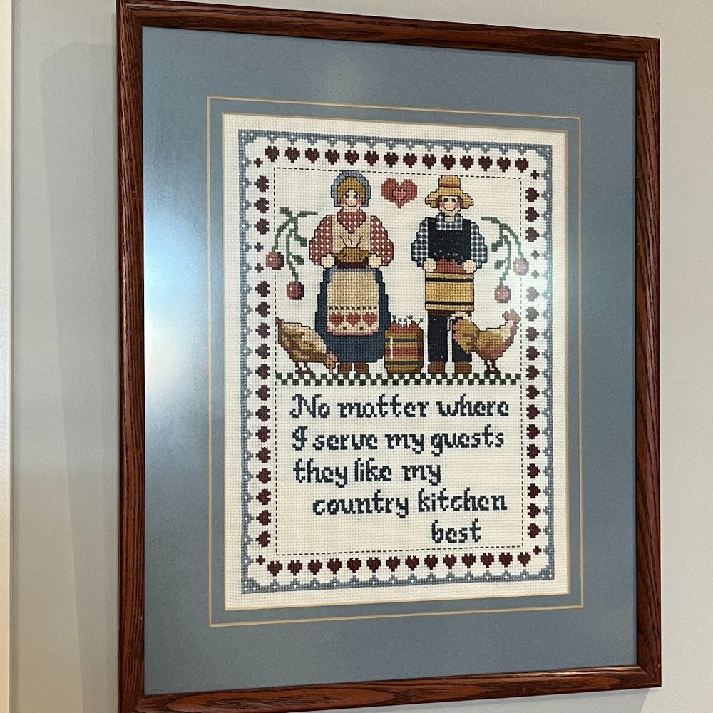 HAND CRAFTED Cross Stitch Picture Country Kitchen Farmer Countrycore 17"x14"